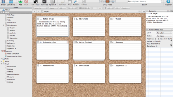 Scrivener 2.0 for Mac. Screenshot of corkboard overview.